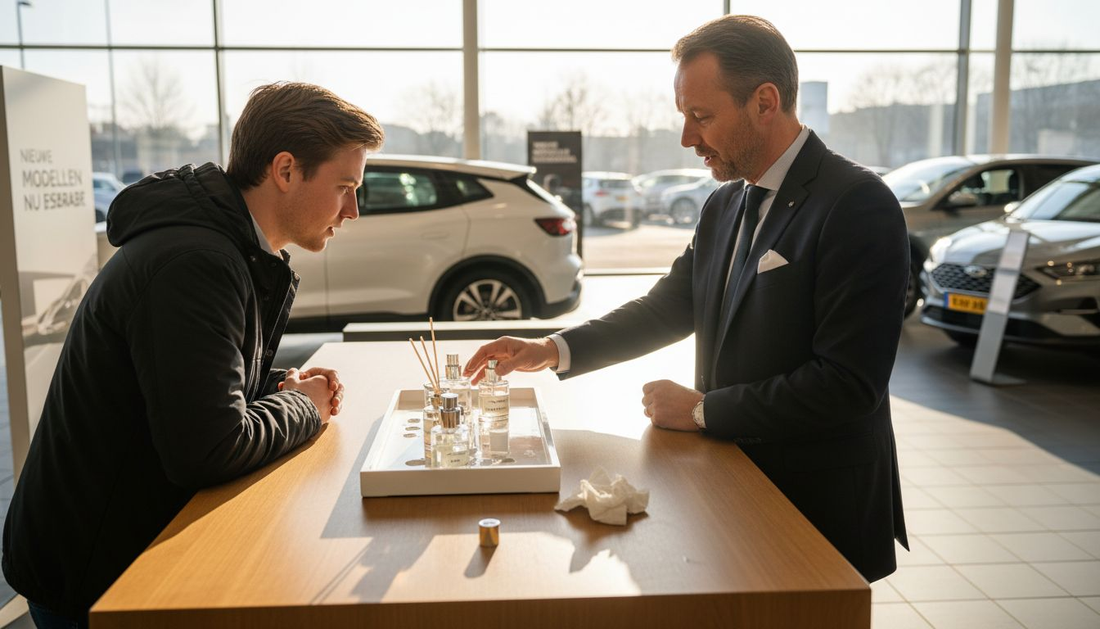 De showroommanager laat de klant verschillende autoparfums zien en geeft advies over de geuren.