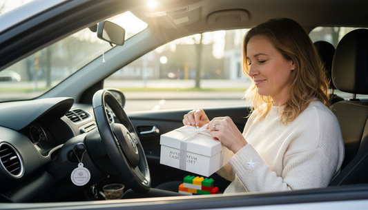 Een vrouw krijgt een autoparfum cadeau terwijl ze in haar auto zit.