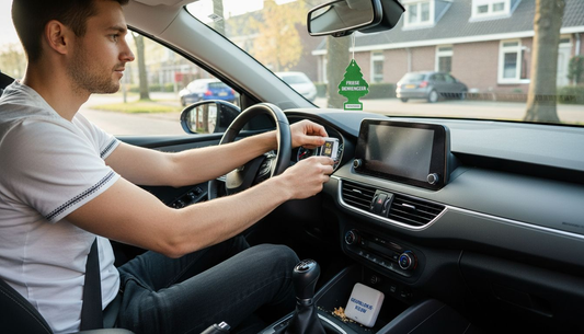 Het interieur van een auto met uiteenlopende soorten luchtverfrissers: van klassieke geurhangers aan de spiegel tot moderne sprays en gelpotjes in het dashboard.
