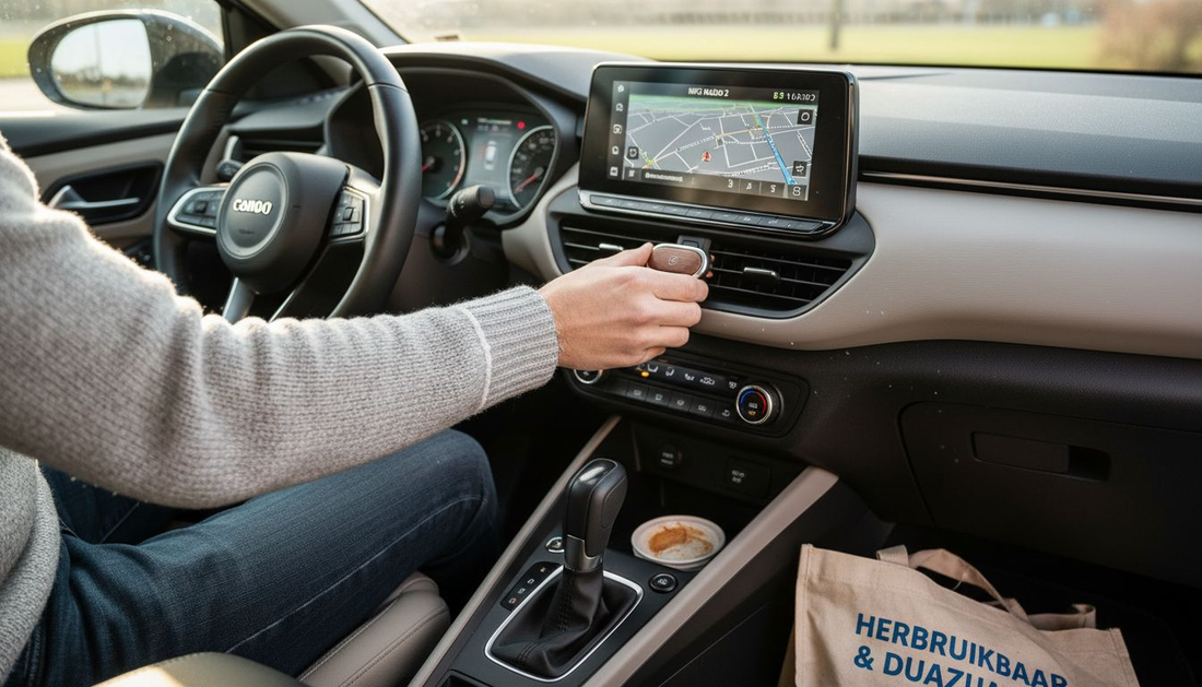 Een automobilist die een autoparfum op het ventilatierooster van de auto bevestigt.