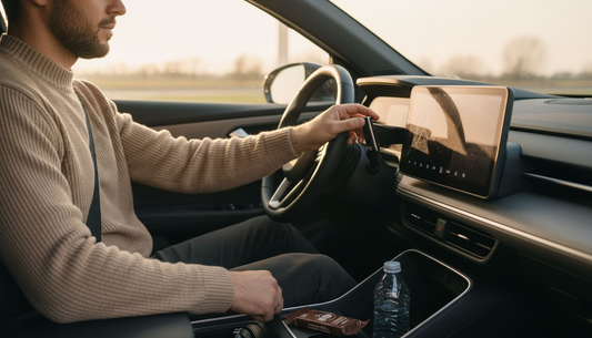 Man zet geurhanger in zijn elektrische auto