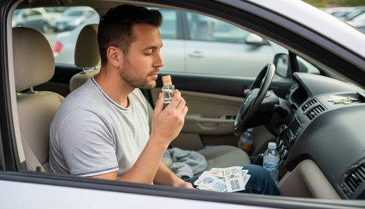 Een man kiest een geurhanger uit voor in zijn auto.
