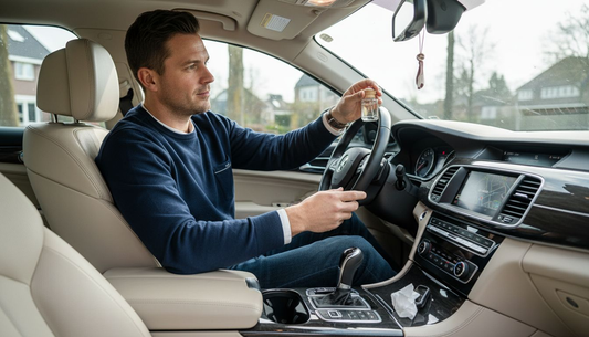 Een man stelt het autoparfum af in zijn luxe sedan.