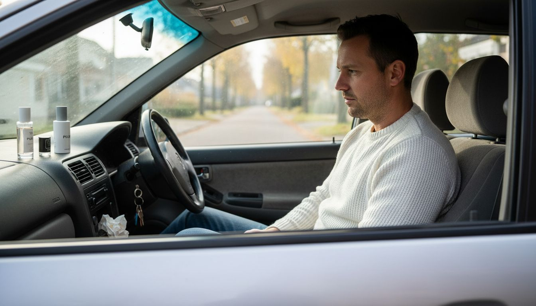 Man kiest een geurtje voor in de auto tijdens zijn dagelijkse rit.