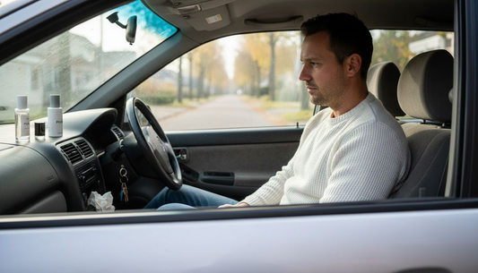 Man kiest een geurtje voor in de auto tijdens zijn dagelijkse rit.