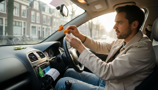 Een automobilist stelt het luchtverfrissertje in de auto bij.