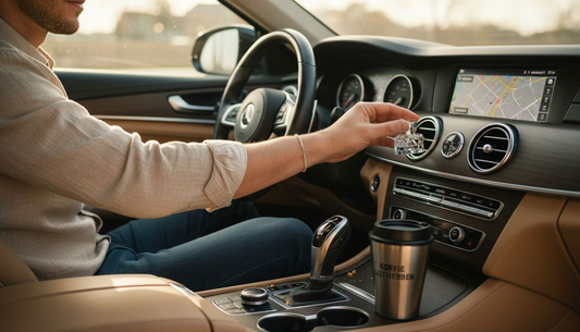 Man placing perfume diffuser in luxury car interior