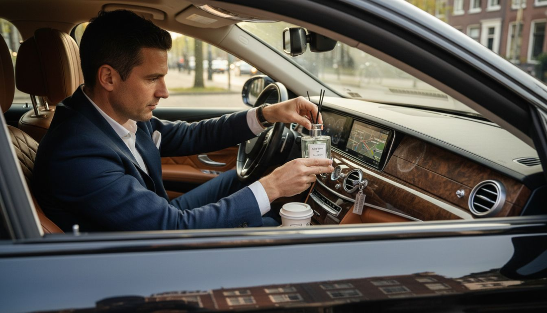 Man plaatst een geurverspreider in het luxe interieur van zijn auto