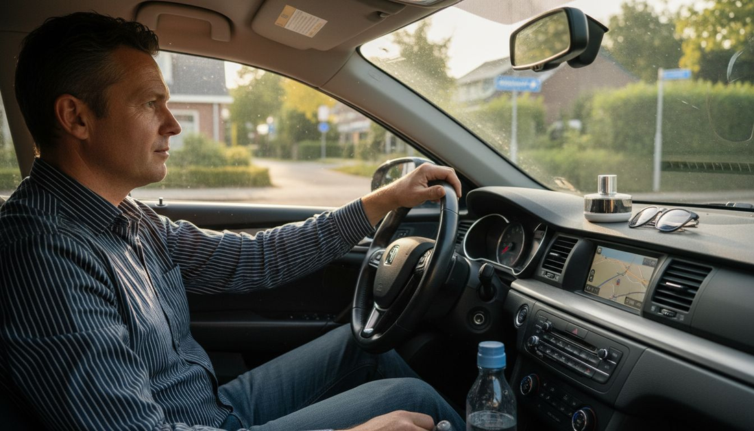 Een man verfrist het interieur van zijn auto met een autoparfum.