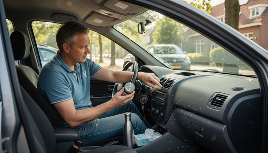 Man controleert het ventilatierooster van zijn auto om te kijken of er frisse lucht binnenkomt.