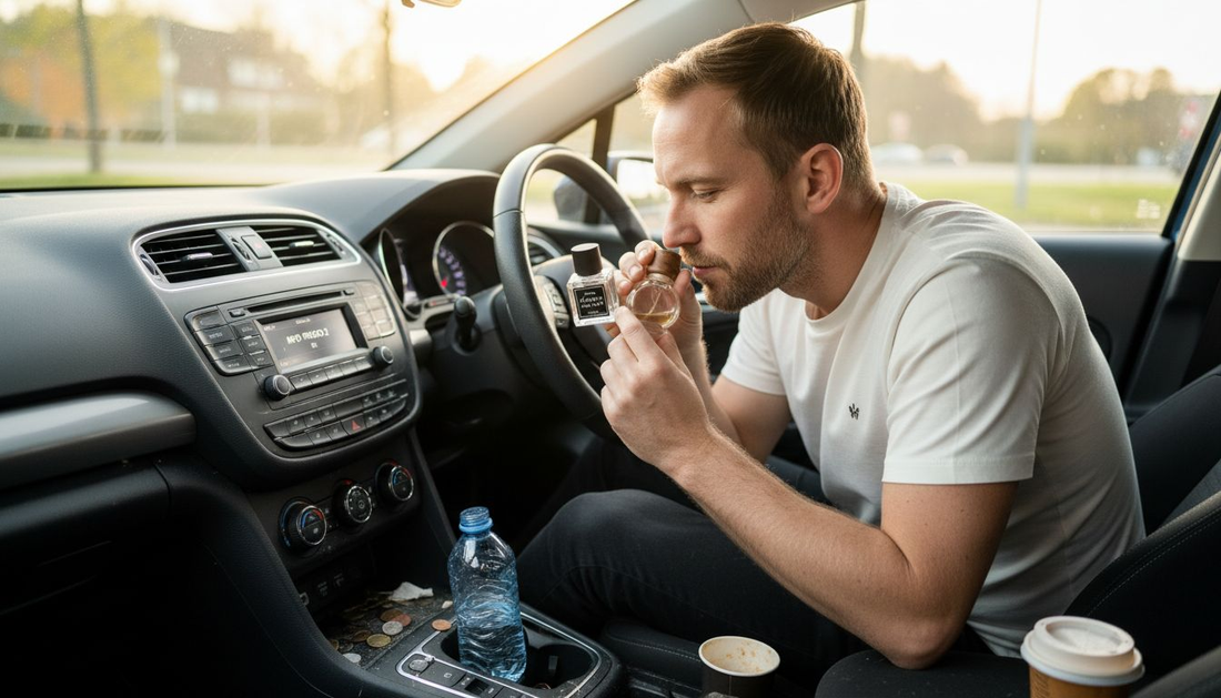 Man test verschillende geurtjes voor zijn auto