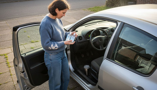 Vrouw staat bij haar open auto en kiest een geur voor in de auto uit.