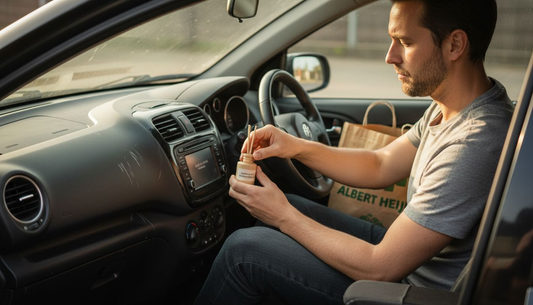 Een man brengt een luchtverfrisser aan in zijn auto.
